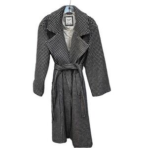 Abercrombie & Fitch Wool Blend Houndstooth Pea Coat XS Black White Lined Belted